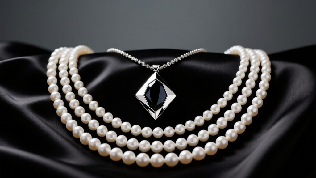 Layered 1920s pearl ropes and a geometric platinum onyx pendant resting on black silk, soft moody studio lighting setup