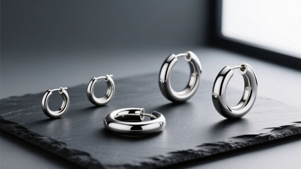 Five hoop earrings ranging from 8mm huggies to 50mm chunky silver tubes arranged neatly on a dark slate surface with soft lighting.