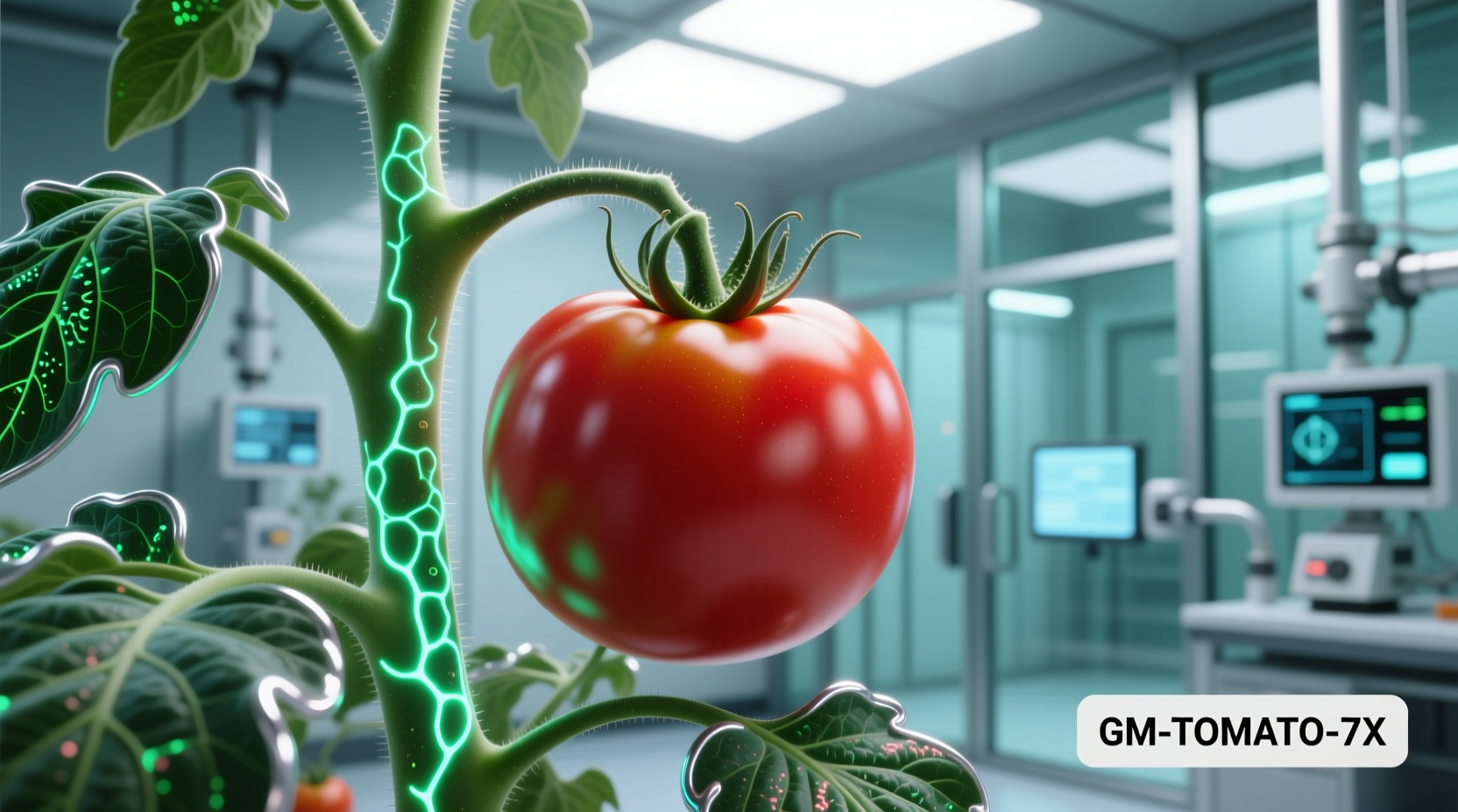 Close-up of genetically modified tomato plant in research greenhouse