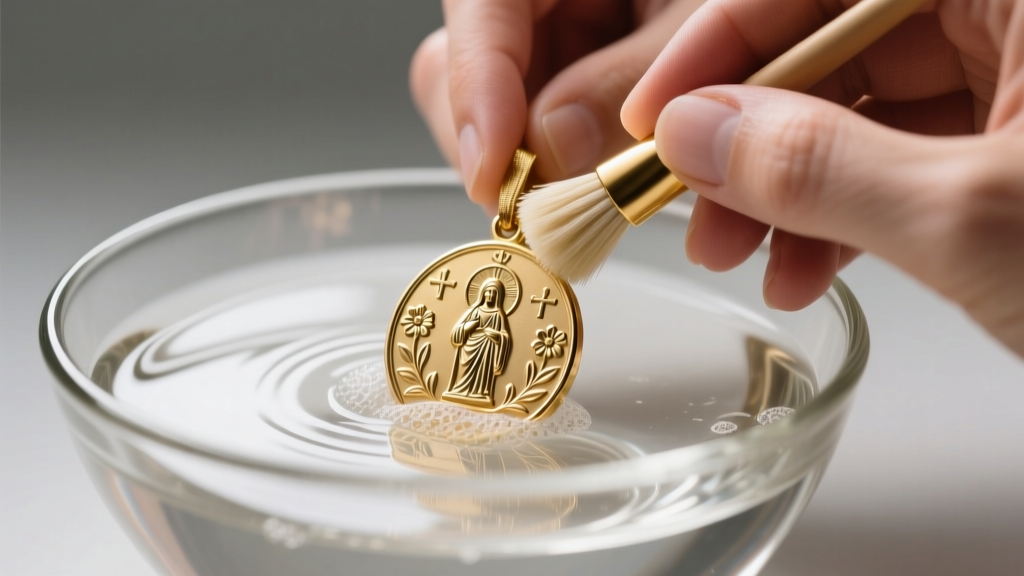 Hands gently cleaning a gold vermeil devotional medal with a soft brush and soapy water in a glass bowl, bright studio lighting.
