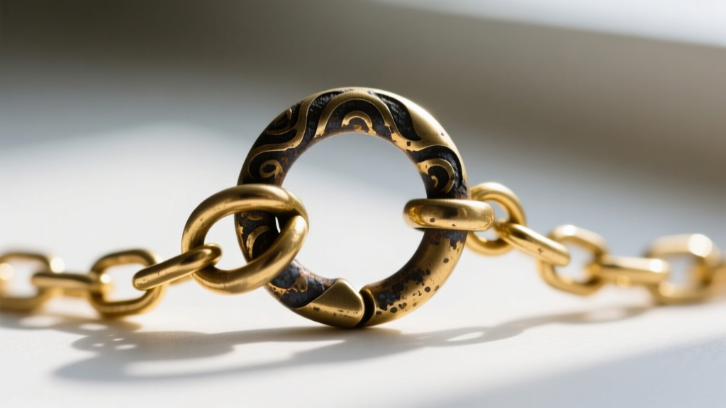Macro shot of a tarnished 5mm spring ring clasp on a delicate gold chain, showing dark oxidation around the jump ring and lever.