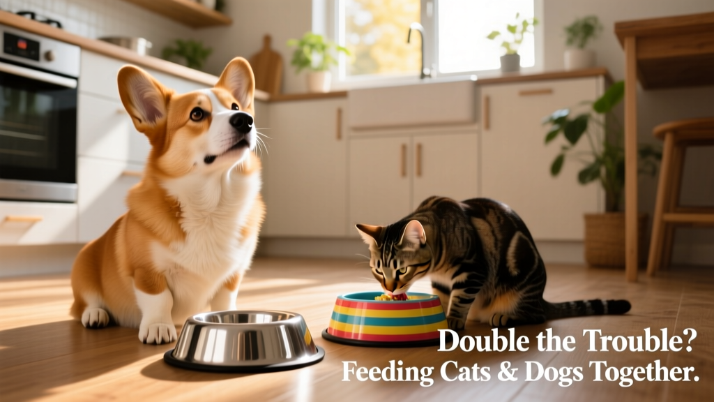 A corgi looking up from a silver dog bowl while a tabby cat eats from a striped cat bowl nearby