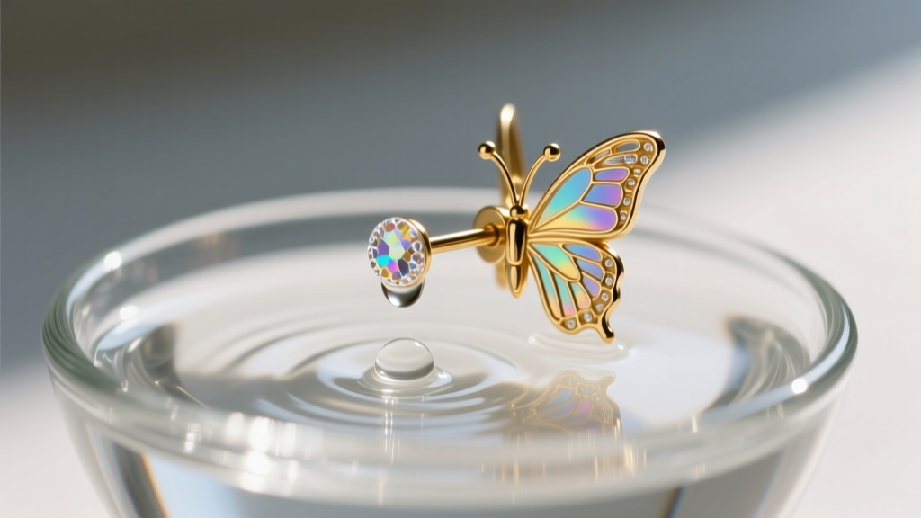 Macro photography of a gold earring post and butterfly back next to a small glass bowl of distilled water and mild castile soap.