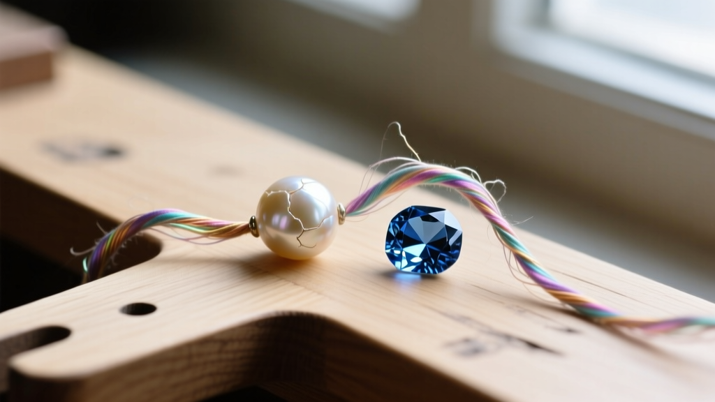 Macro view of frayed silk thread between a scratched pearl and faceted blue sapphire bead resting on a wooden jeweler