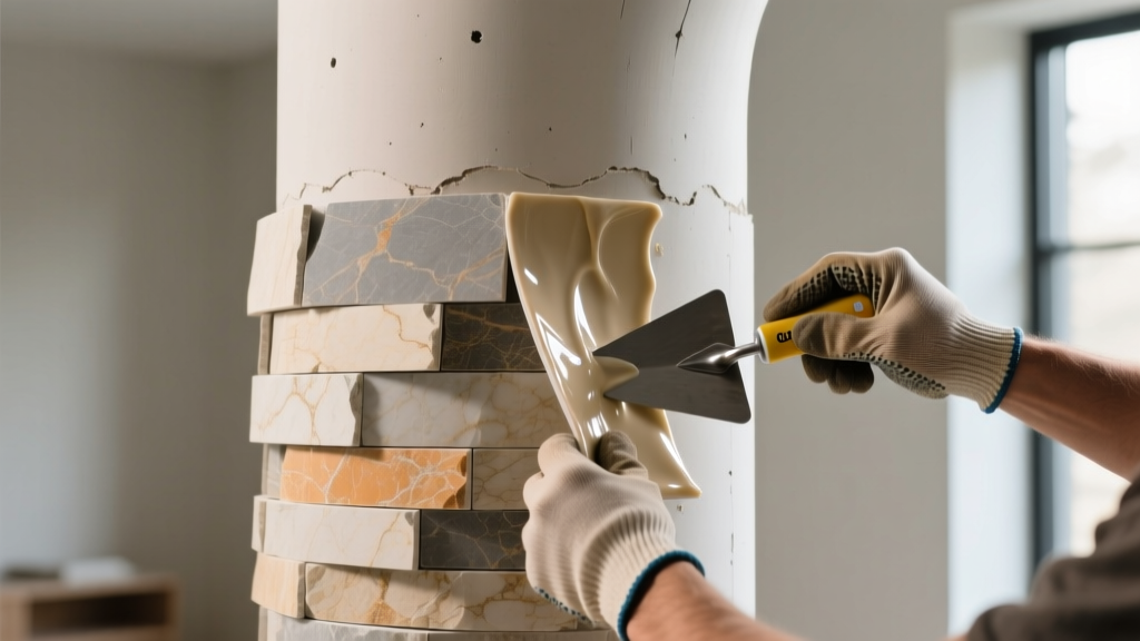 Close-up of thin flexible stone veneer sheets being bent around a curved drywall column while a mason applies polyurethane adhesive