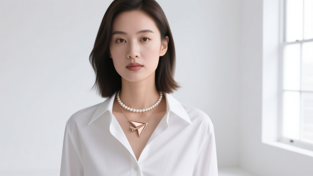 Woman wearing a minimalist rose gold plane necklace layered with a pearl choker against a crisp white button-down shirt.