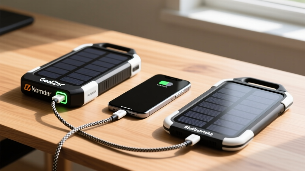 Goal Zero Nomad 5 and BioLite SolarPanel 5 folded side-by-side on a wooden desk with a smartphone charging via a braided USB-C cable.