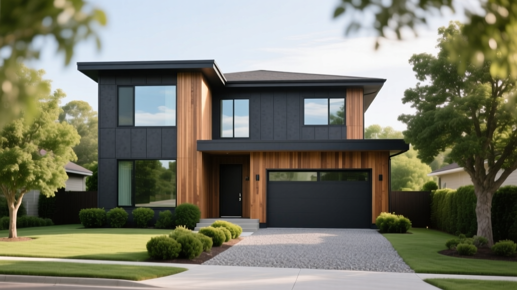 Wide angle view of a modern two-story home exterior featuring a mix of dark charcoal fiber cement lap siding and vertical cedar wood cladding accents