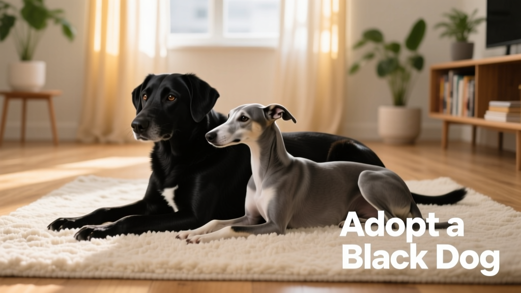 Two black dogs resting side-by-side on a cozy rug, one gently resting its head on the other’s back