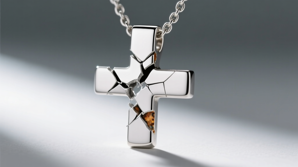 Macro close-up of a broken sterling silver name drop necklace at a letter crossbar, revealing metal fatigue and stress fractures.
