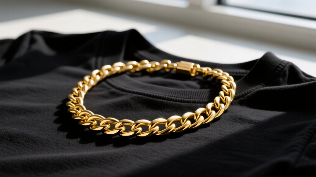 Close-up of a 14k yellow gold Cuban link necklace on a black t-shirt, cinematic lighting highlighting the polished metal links.