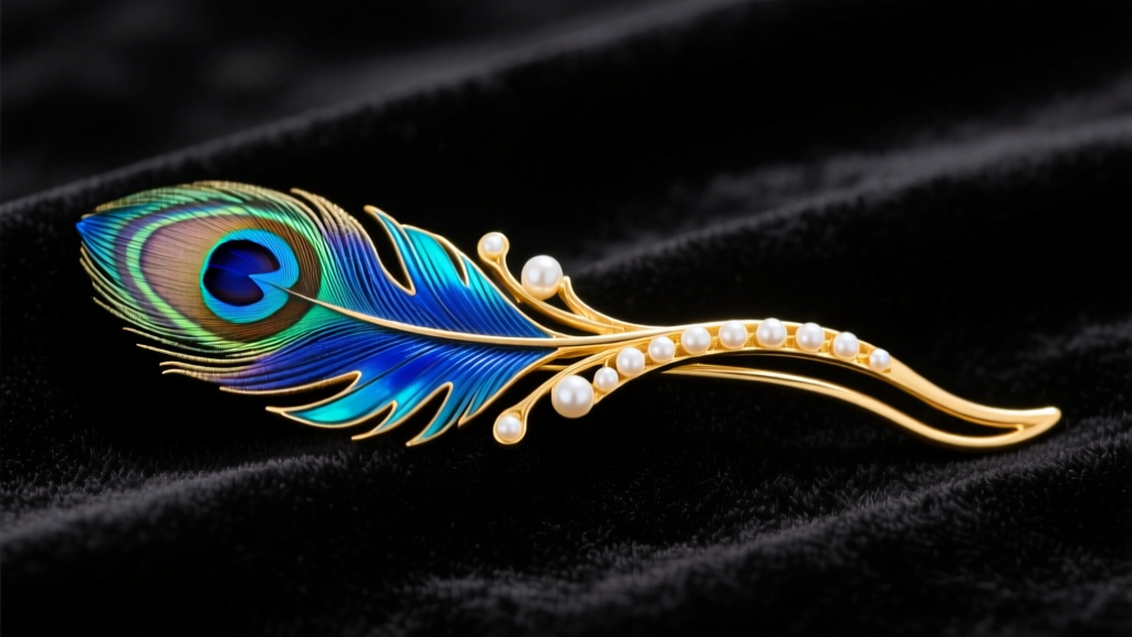 Top-down view of a Chinese gold hairpin with vibrant blue kingfisher feather inlay and small pearl accents resting on dark velvet