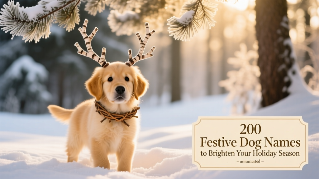 A golden retriever puppy wearing antlers, standing in soft snow near pine branches