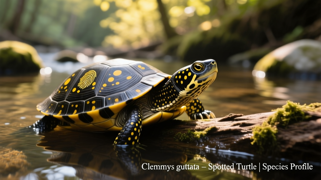 Close-up of a spotted turtle basking on a log in shallow water, showing distinctive yellow spots on its dark carapace and head