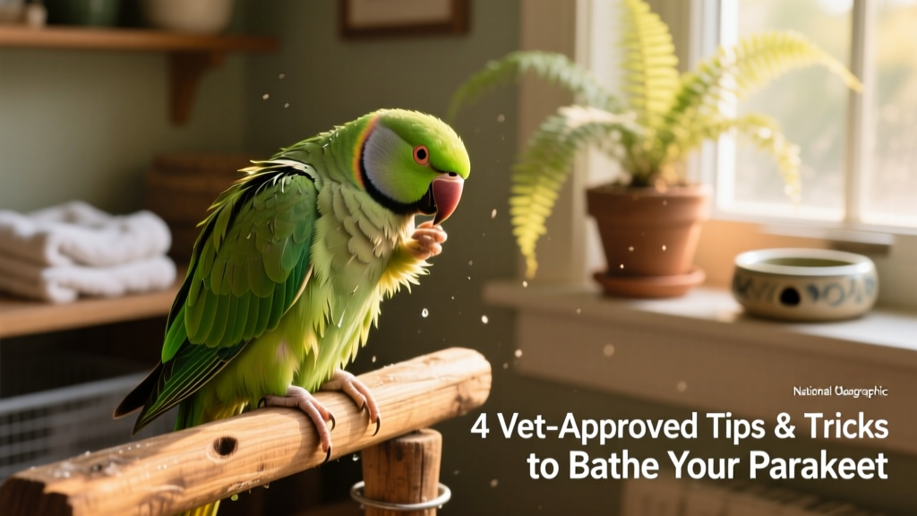 A relaxed parakeet preening its damp feathers on a cozy, sunlit perch