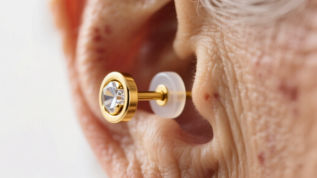 Macro shot of a 14k gold earring post secured by a thick, translucent 10mm medical-grade silicone back on a mature earlobe