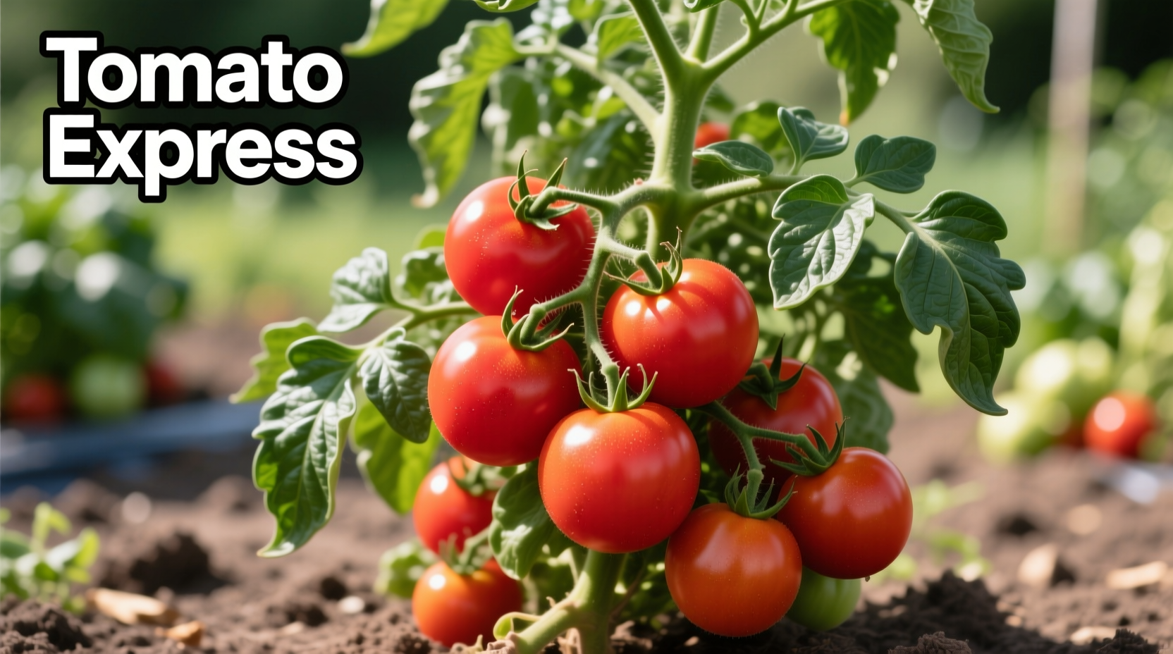 Tomato Express plant with ripe red fruits on compact bush