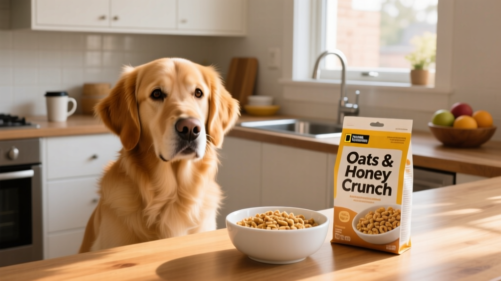 A curious dog sitting beside a bowl of dry cereal on a kitchen counter