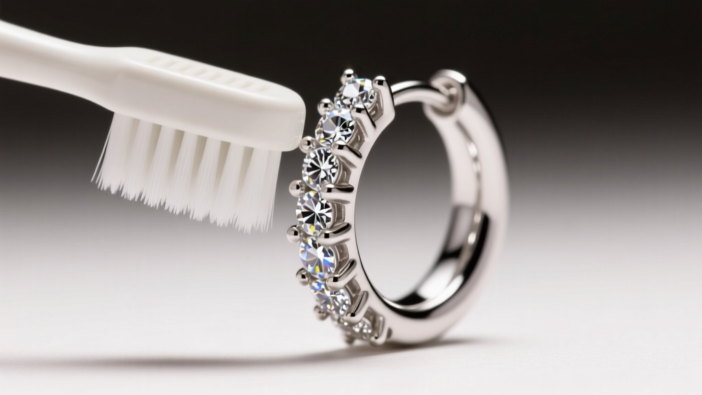 Close-up of a soft toothbrush cleaning a CZ pavé setting on a sterling silver huggie hoop earring under bright studio light.