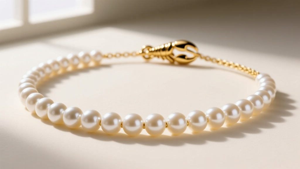 Close-up of a classic 18-inch 14kt yellow gold necklace featuring perfectly round white Akoya pearls with a small lobster clasp.
