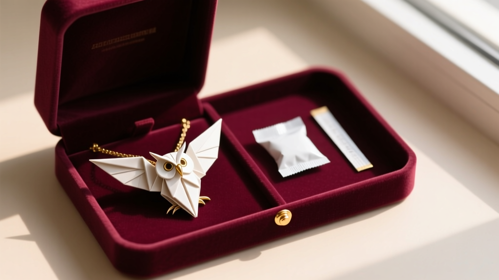 Origami owl necklace stored inside a velvet box next to a silica gel packet and an anti-tarnish strip, captured in soft lighting.