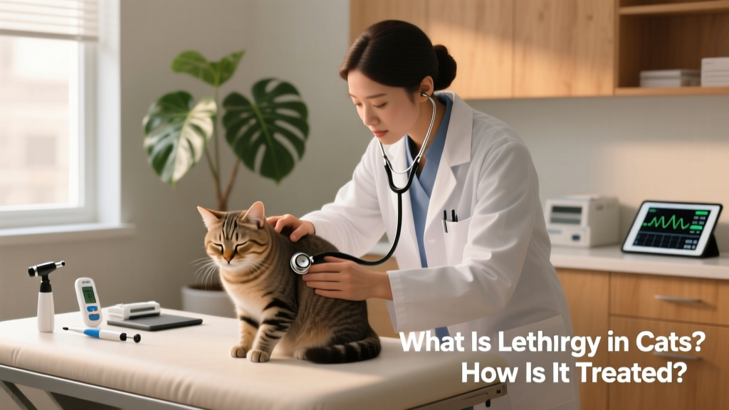 Veterinarian gently examining a calm but subdued cat on an exam table, with diagnostic tools nearby—illustrating compassionate, thorough assessment