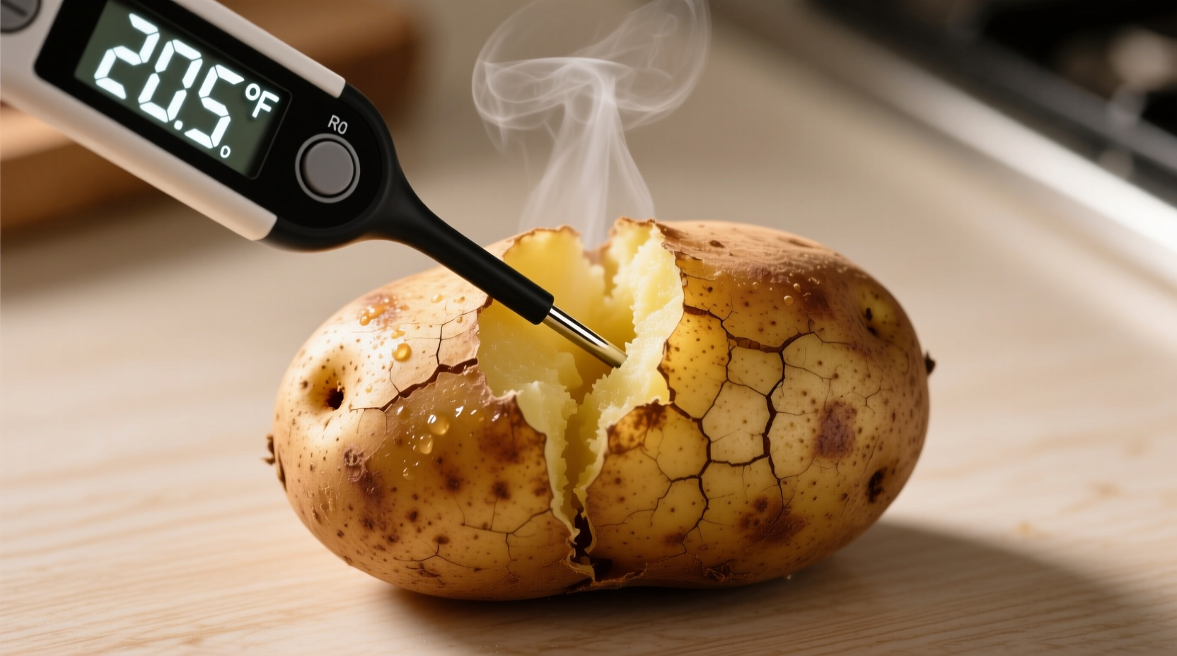 Digital thermometer measuring internal temperature of baked potato