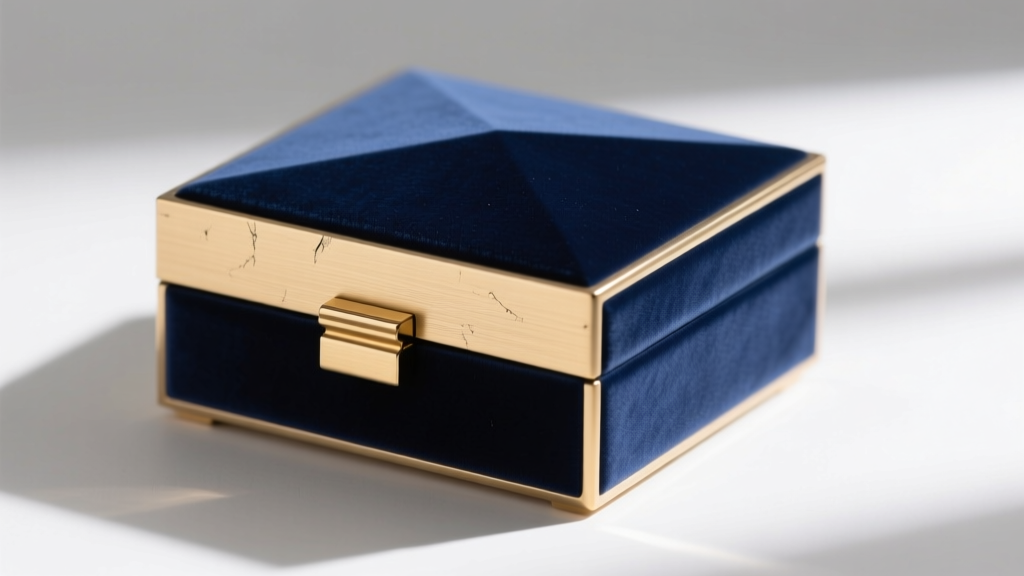 A two-tone geometric jewelry box featuring matte navy blue paint and brushed brass hardware, photographed at a 45-degree angle.