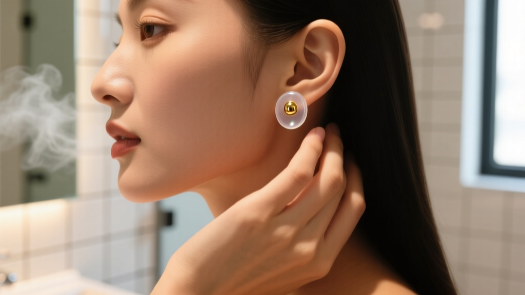 Close-up of a hand holding an earlobe with a stuck clear silicone earring back on a gold post under soft, warm bathroom lighting.