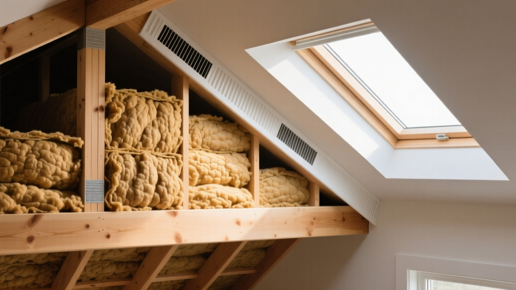 Cross-section diagram of a residential attic showing thick layers of blown-in cellulose insulation between wooden joists, with proper ventilation baffles installed at the eaves