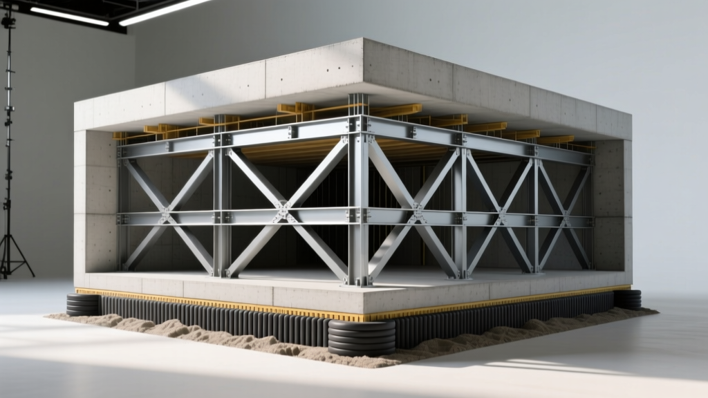 Cross-section architectural rendering showing steel cross-bracing and base isolators beneath a modern concrete residential foundation