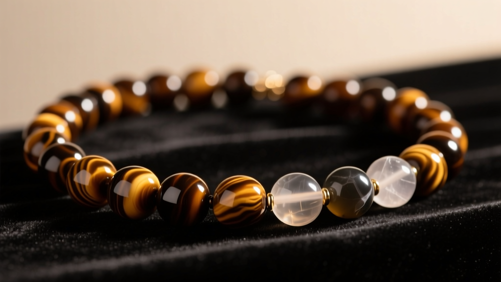 Close-up of a brown bead necklace with polished tiger eye and smoky quartz stones resting on dark velvet under soft warm lighting.