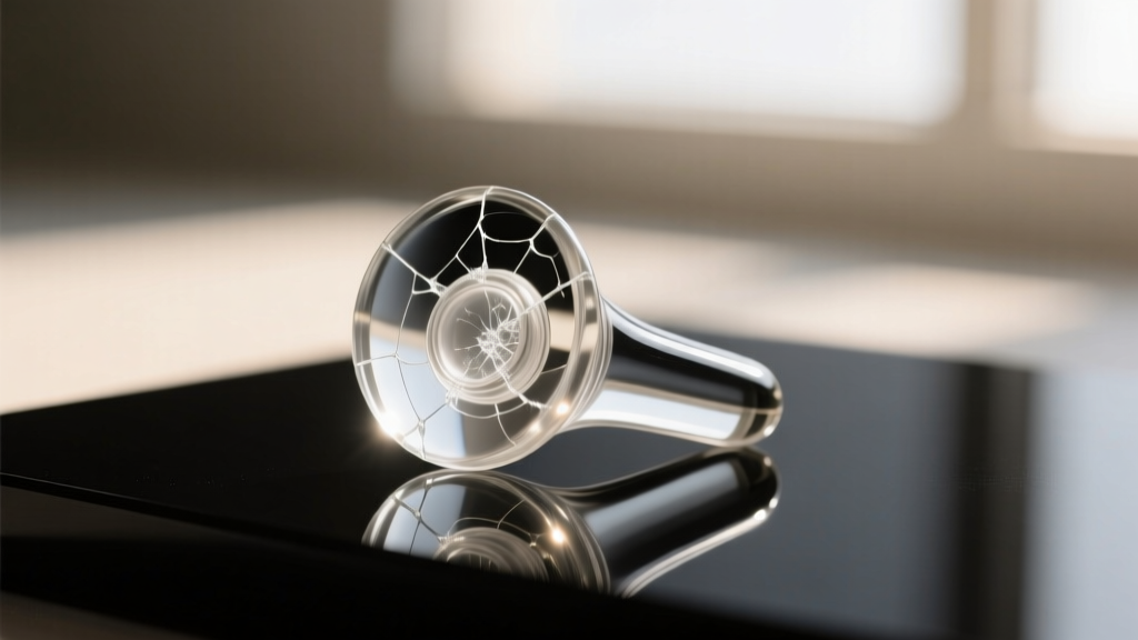 Macro shot of a clear borosilicate glass ear plug inspected for micro-fractures with a jeweler