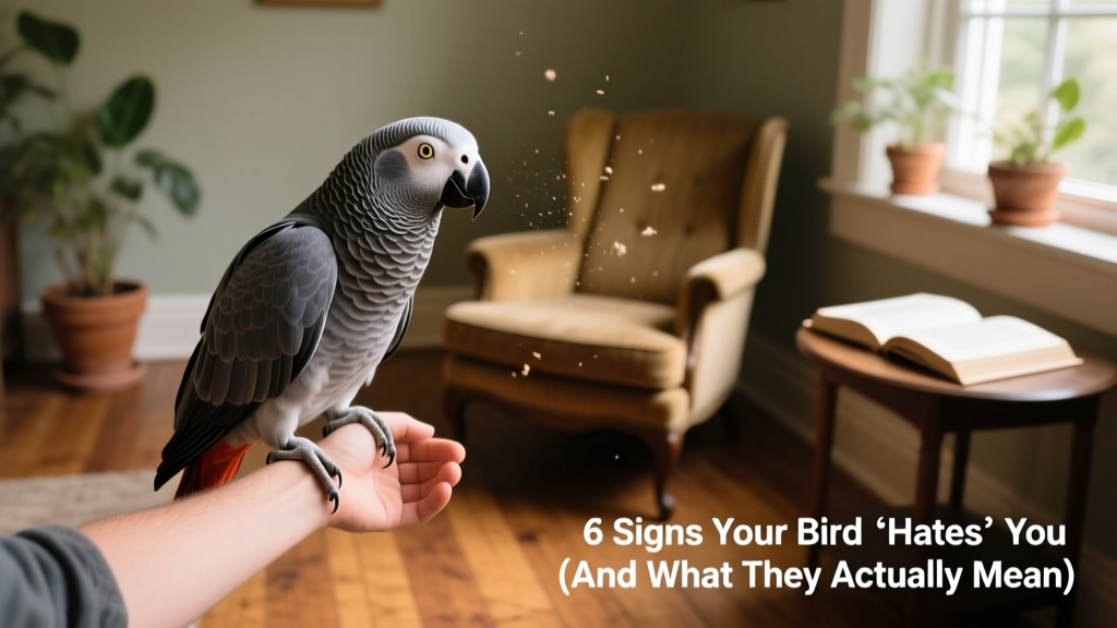 Happy, relaxed African grey perched calmly on a human’s forearm, making gentle eye contact, with natural light and a cozy indoor setting