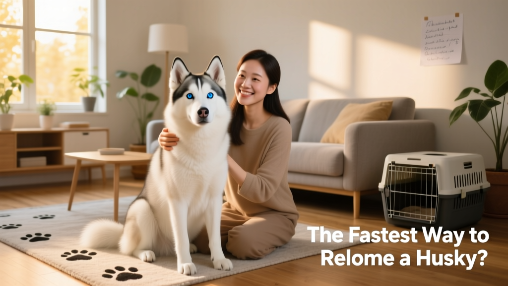 A calm, well-groomed Siberian Husky sitting beside a smiling foster caregiver in a sunlit living room