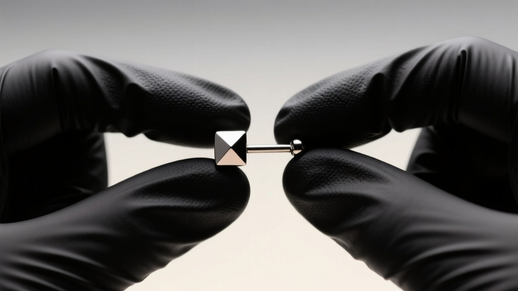 Close-up of black nitrile gloves holding a 16-gauge titanium flat-back labret earring, soft clinical lighting, blurred background