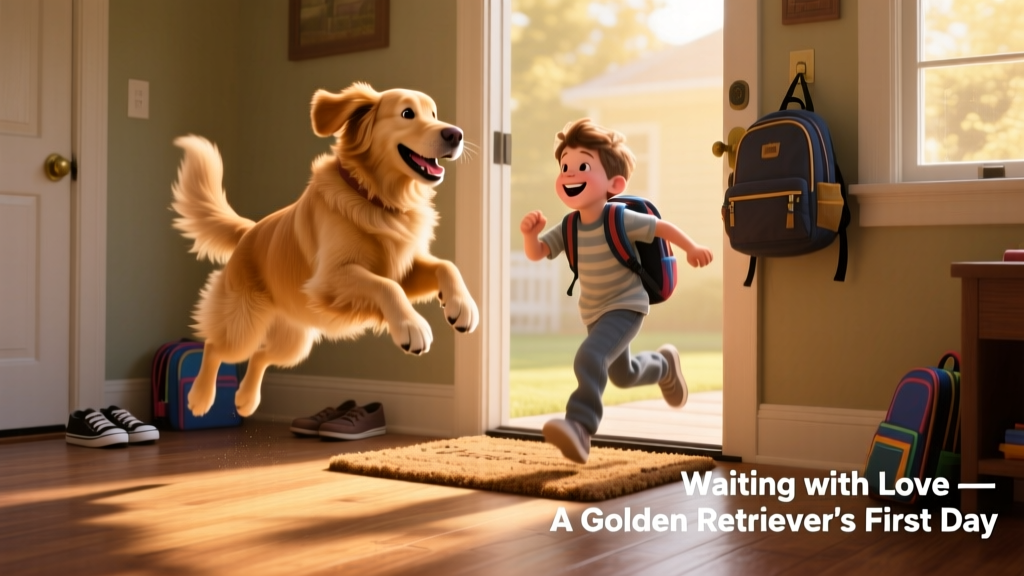 Beau leaping with excitement as Frankie runs toward him at the front door