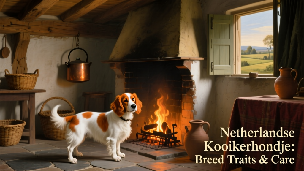 Historical painting showing a Dutch kitchen scene with a small, white-and-orange spaniel-like dog near the hearth