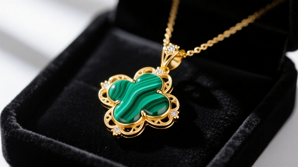 Macro shot of an 18k gold clover necklace pendant featuring vibrant green malachite, resting on a dark velvet jewelry tray.