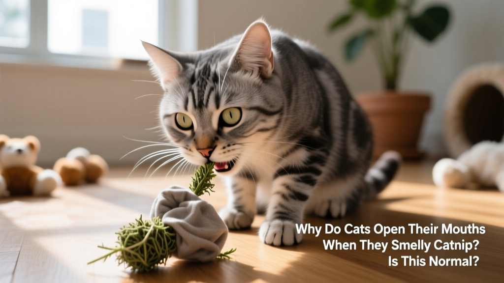 Cat playfully interacting with a catnip-filled toy, nose close to the fabric