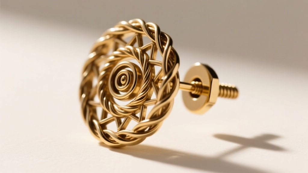 Macro shot of heavy brass cinematic replica earrings showing intricate filigree details and a secure eighteen gauge threaded post