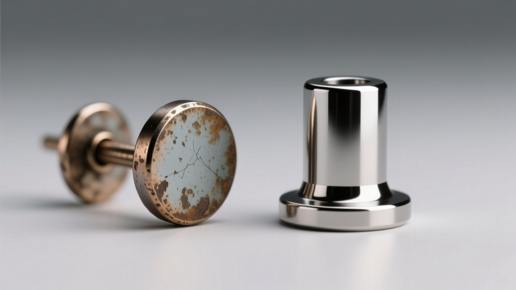 Macro comparison of a tarnished zinc alloy anime earring post and a polished titanium post under bright, clinical lighting.