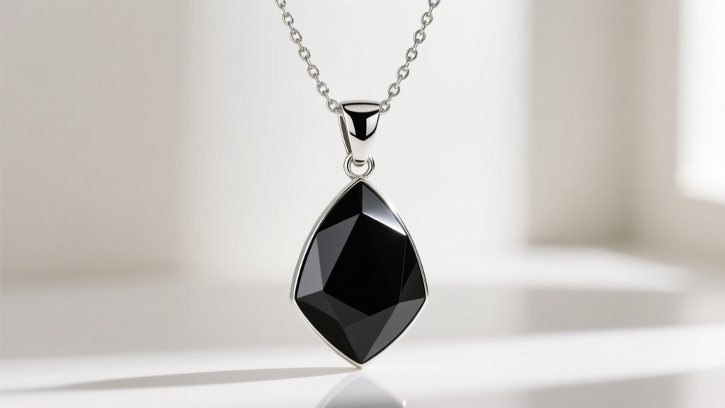 A 4mm omega sterling silver chain passing through a large polished silver enhanced bail holding a geometric obsidian drop pendant.