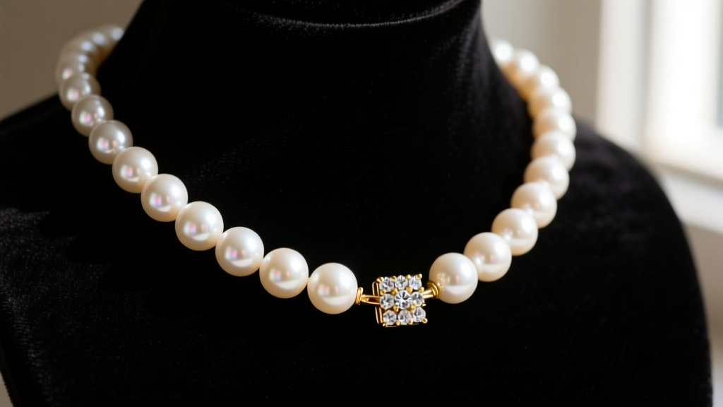 Close-up of a designer pearl necklace draped on dark velvet, highlighting mirror-like luster and an 18k gold diamond clasp.