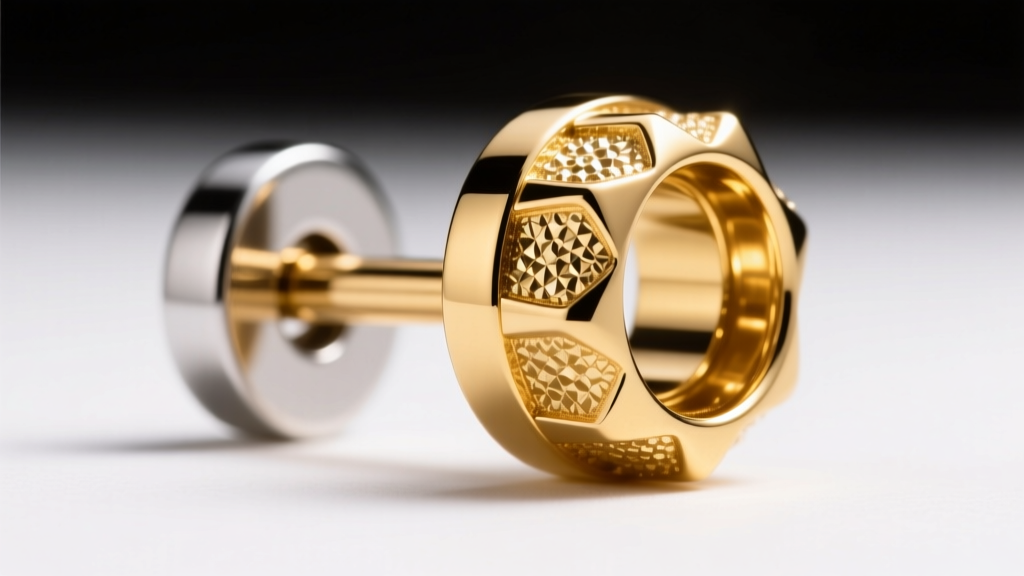 Render of PVD gold coating over a stainless steel earring post, showing microscopic layered metallic bonds in warm lighting