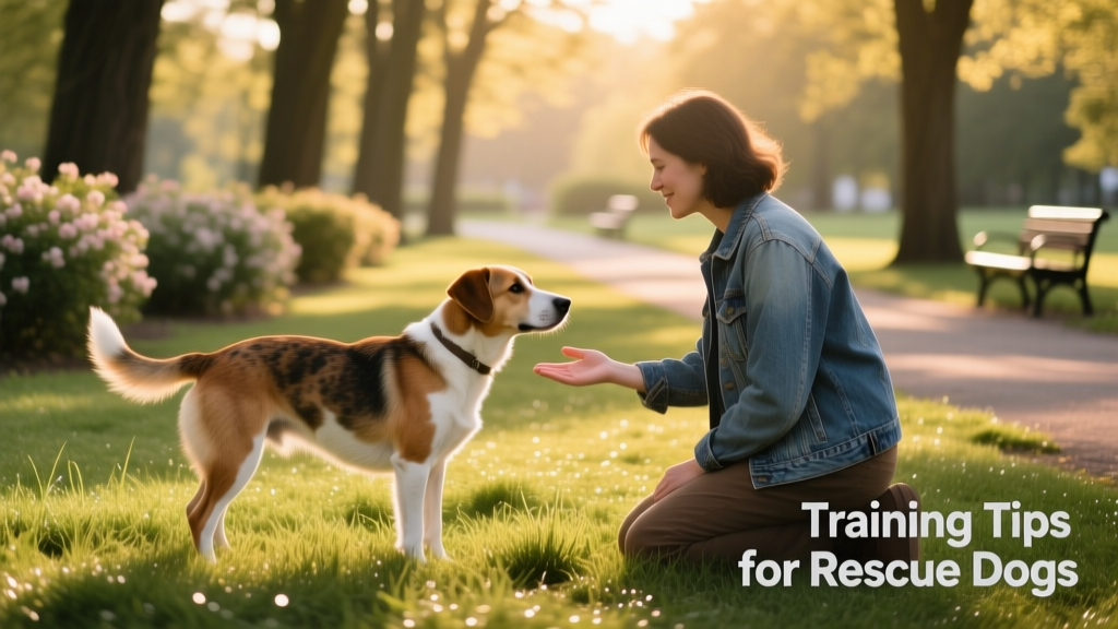A gentle, supervised introduction between a rescue dog and a friendly, calm person in a quiet park setting