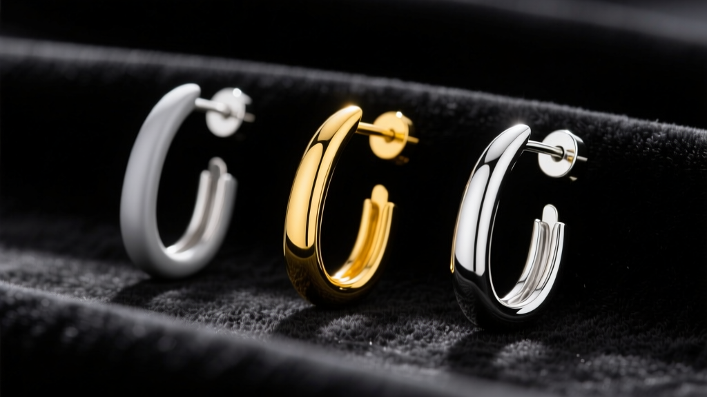 Three french back earring wires on dark velvet: titanium, yellow gold, and silver, showing distinct metal colors and curved J-hooks.