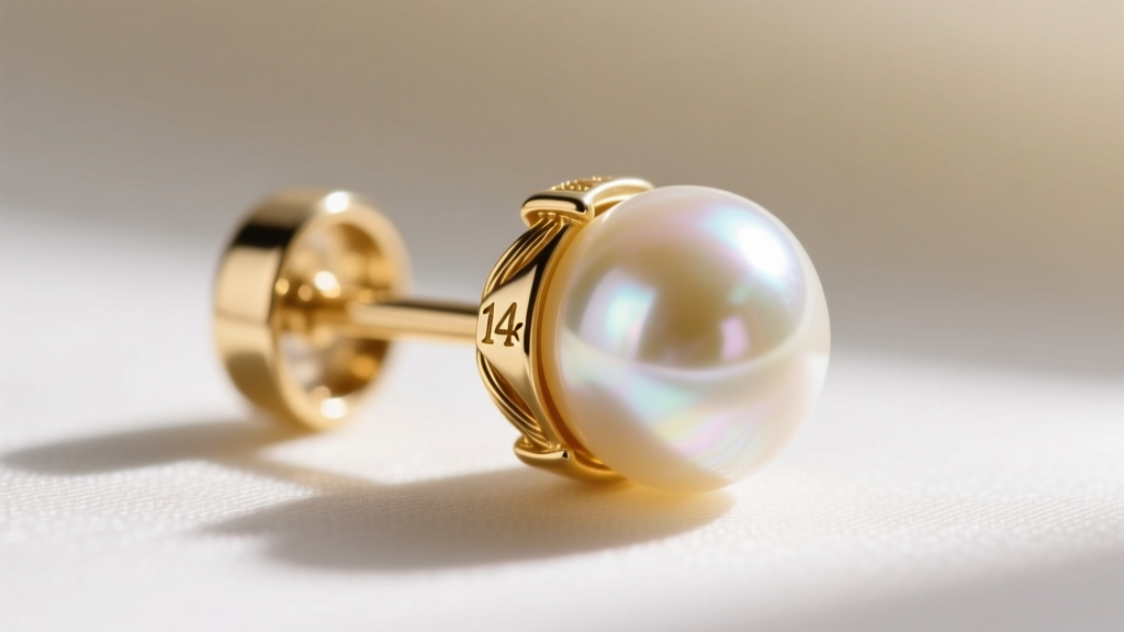 Close-up of a pearl earring post and cup setting revealing internal epoxy glue and a 14k gold hallmark, shot with a macro lens.