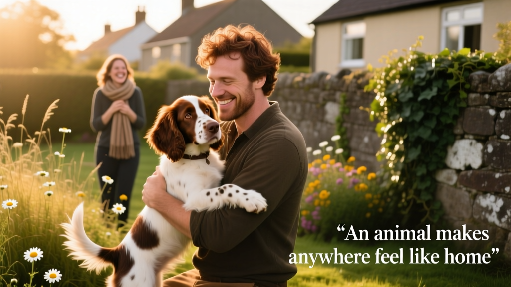 Eoin hugging a springer spaniel outdoors during a pet sit