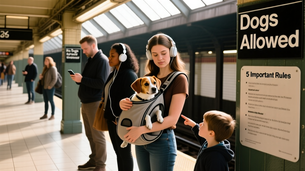 A diverse group of subway riders—including one person holding a small, calm dog in a carrier—standing near a clean, well-lit platform